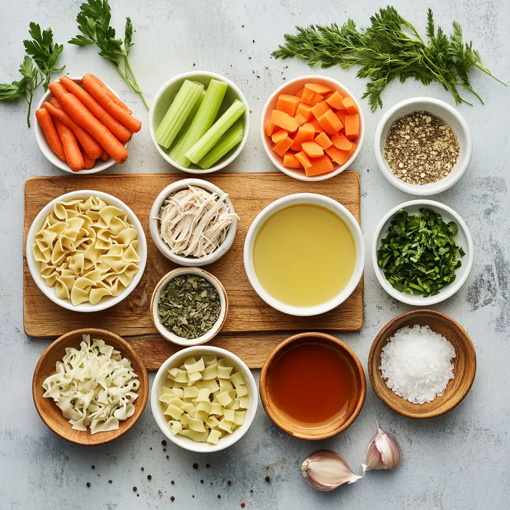 Ingredients for homemade chicken noodle soup recipe laid out on kitchen counter