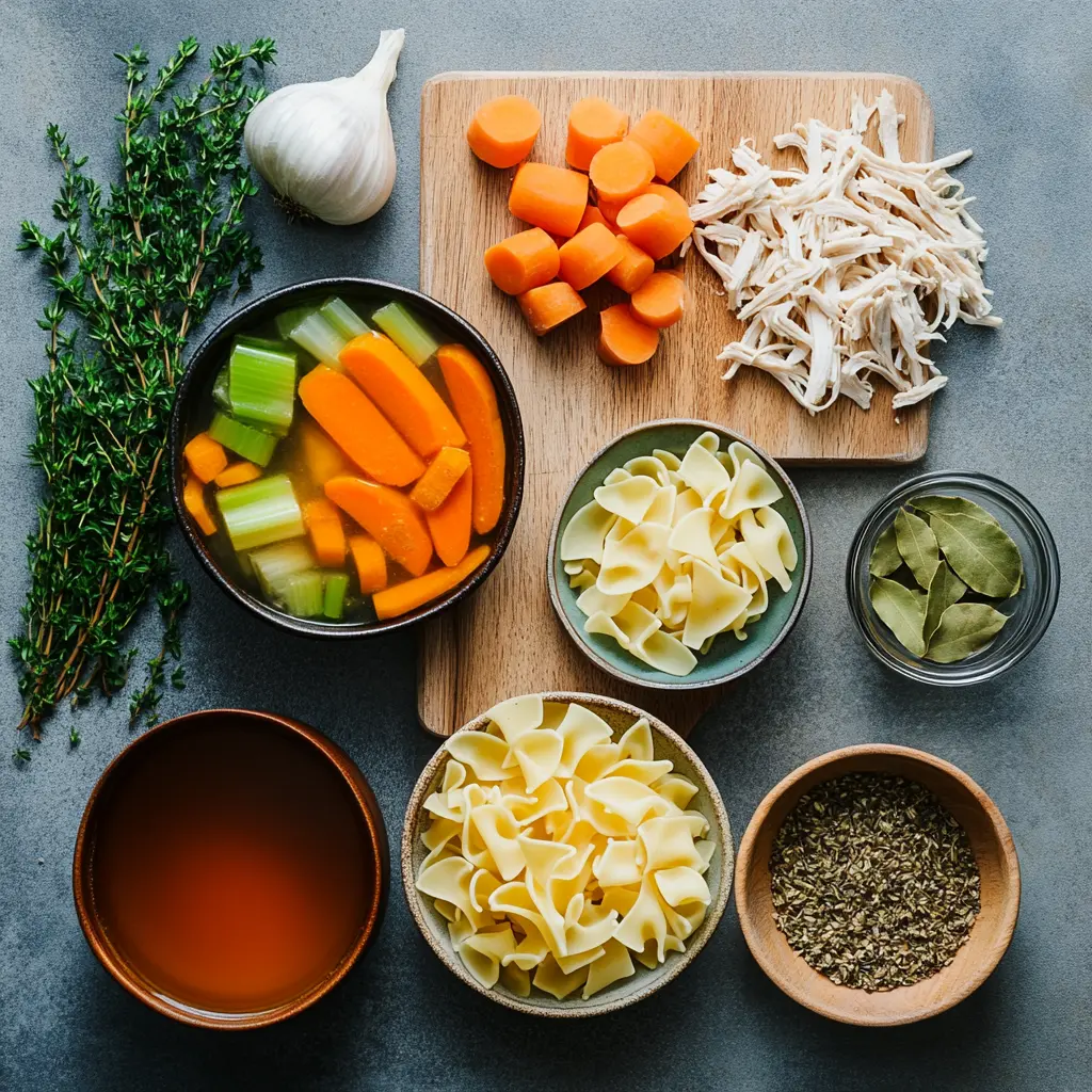 Ingredients laid out for chicken noodle soup with egg noodles recipe, including chicken breasts, carrots, celery, egg noodles, onion, garlic, herbs, and olive oil