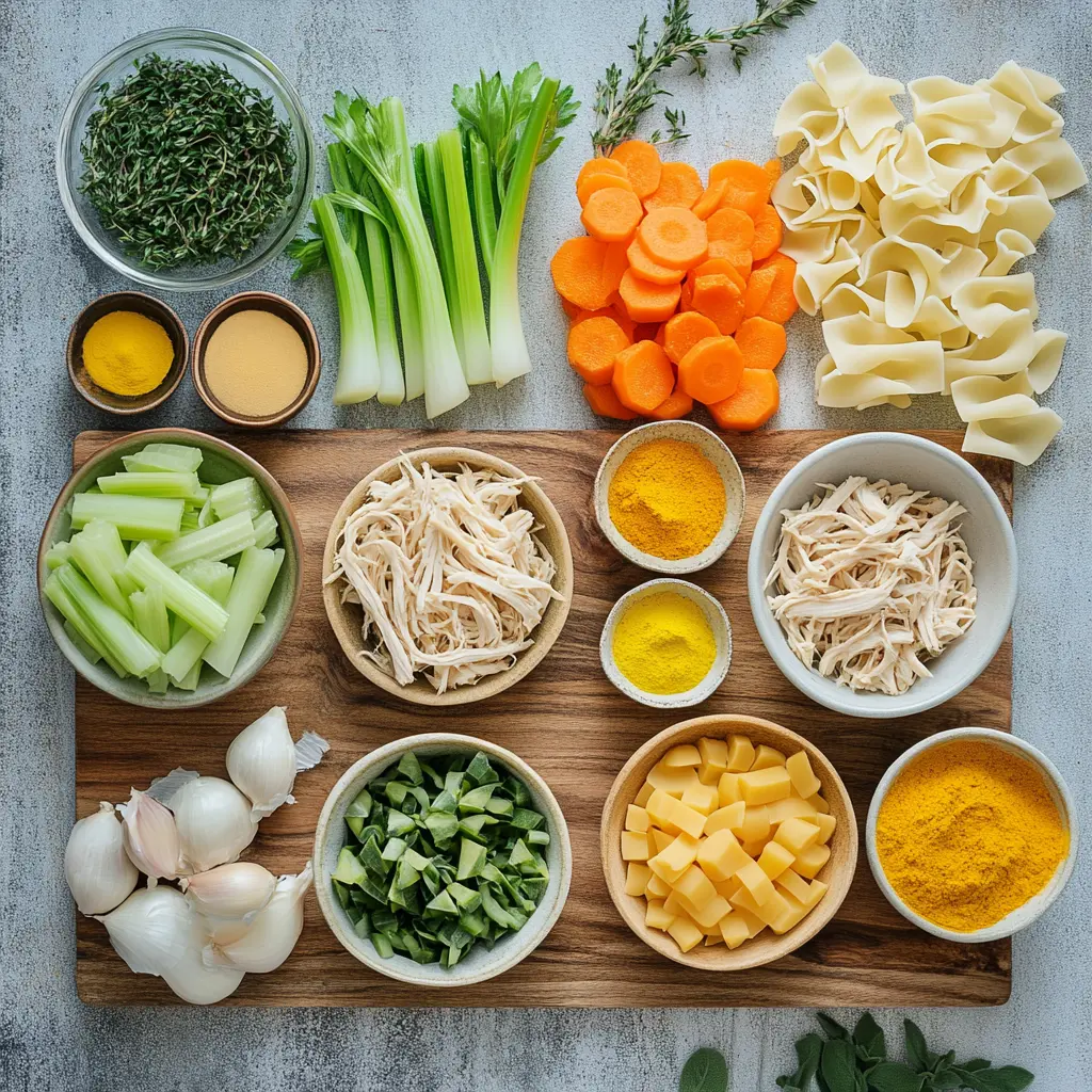 Chicken Noodle Soup Ultimate Cozy Comfort Food Recipe 2 Chicken noodle soup ingredients including carrots, noodles, celery, onion, lemon, spices, and bone-in chicken thighs