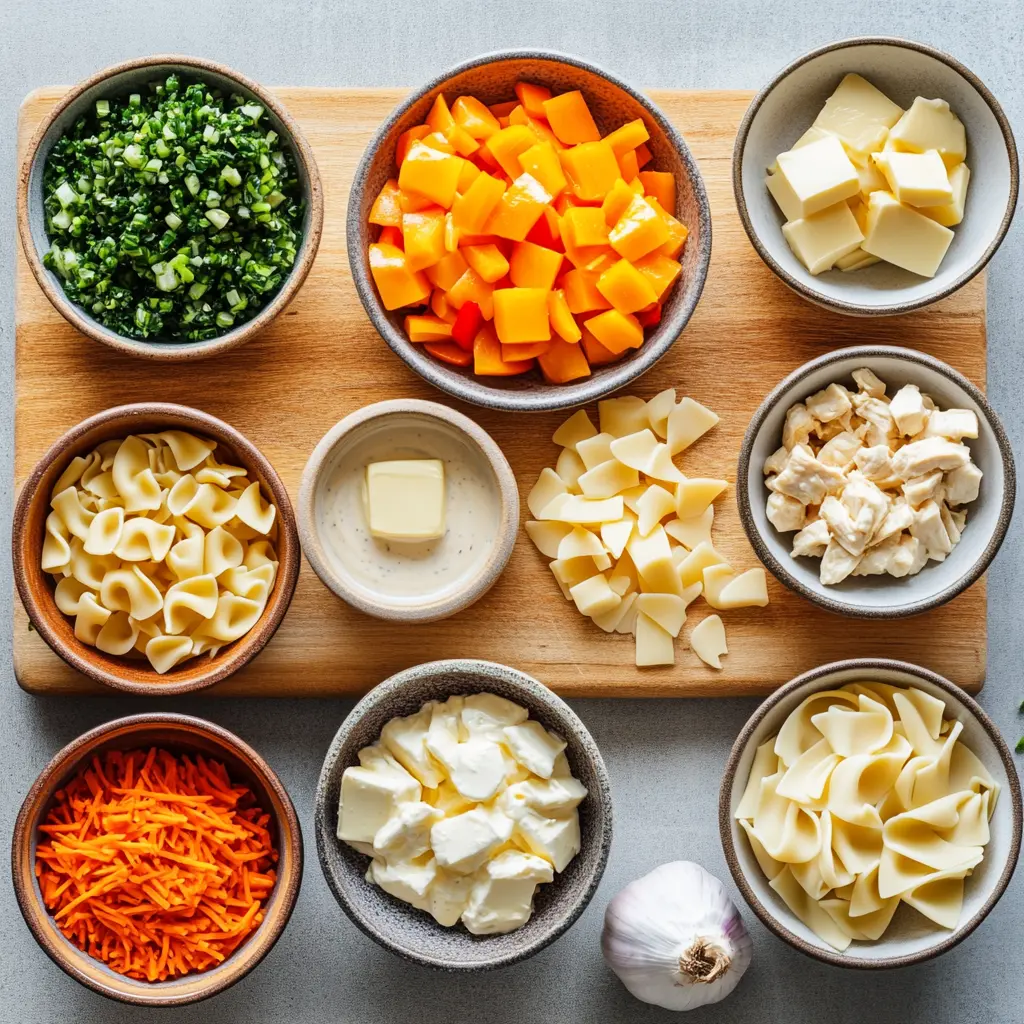 Chicken Pot Pie Pasta ingredients laid out including rotisserie chicken, frozen vegetables, canned soups, and egg noodles