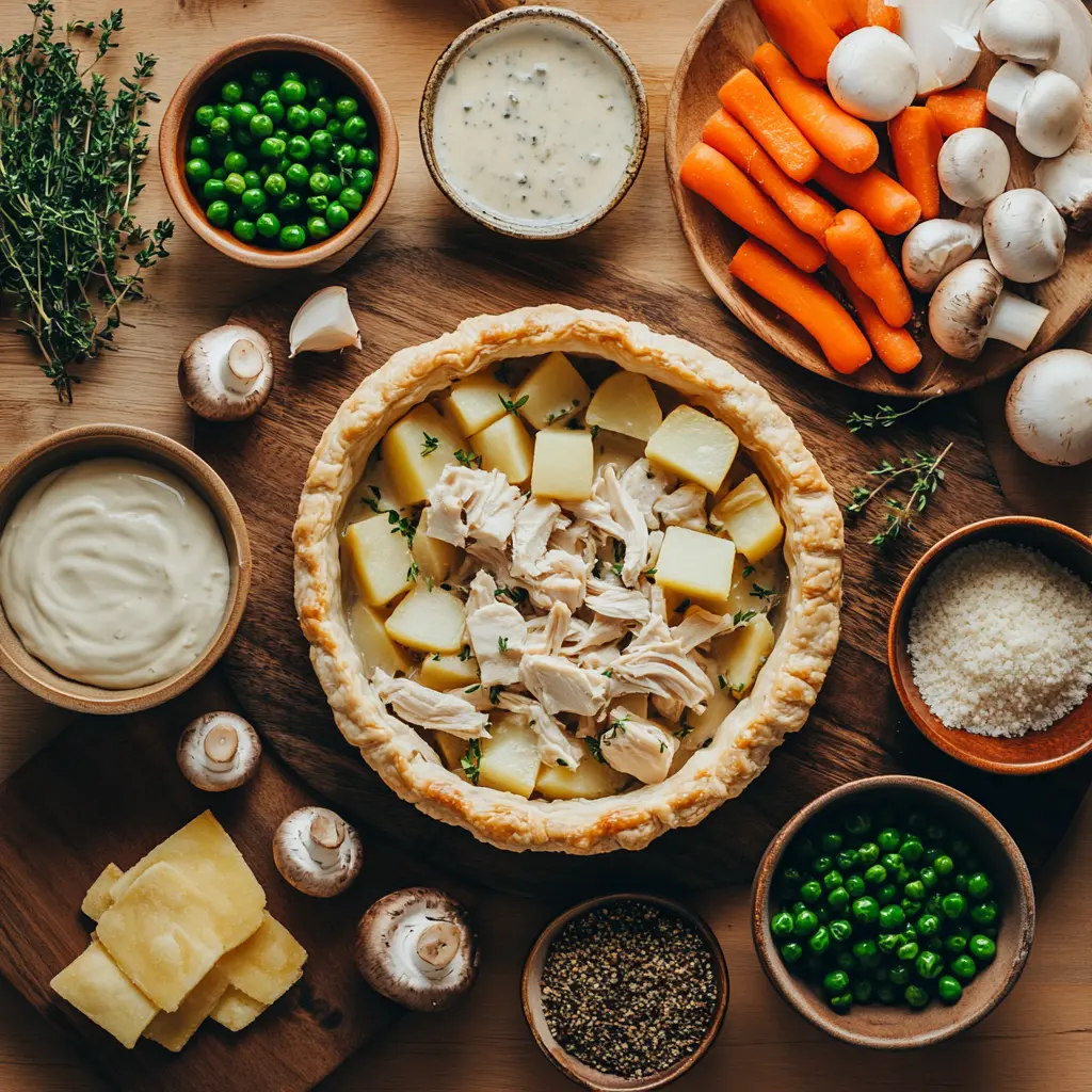 Chicken Pot Pie Easy and Delicious Recipe 2 Flatlay of Ingredients for Chicken Pot Pie, including puff pastry, peas, carrots, cream, rotisserie chicken, and seasonings