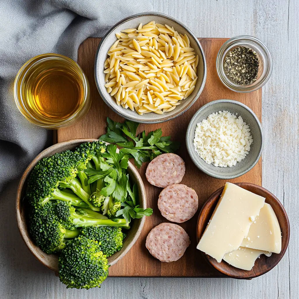 Ingredients for Chicken Sausage and Broccoli Orzo arranged on a wooden board: sliced sausage, fresh broccoli florets, orzo pasta, Parmesan, garlic, and chicken broth.