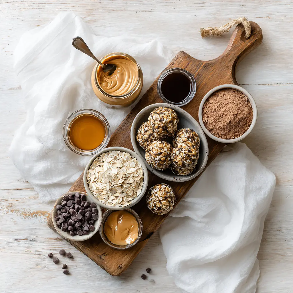 Ingredients for chocolate peanut butter protein balls including oats, peanut butter, cocoa, and honey displayed on counter