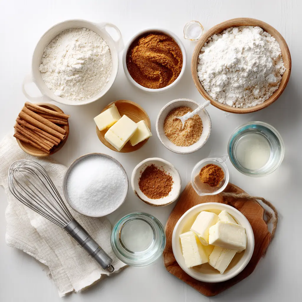 Ingredients for cinnamon roll pancakes including flour, cinnamon, cream cheese, and maple syrup on a light background