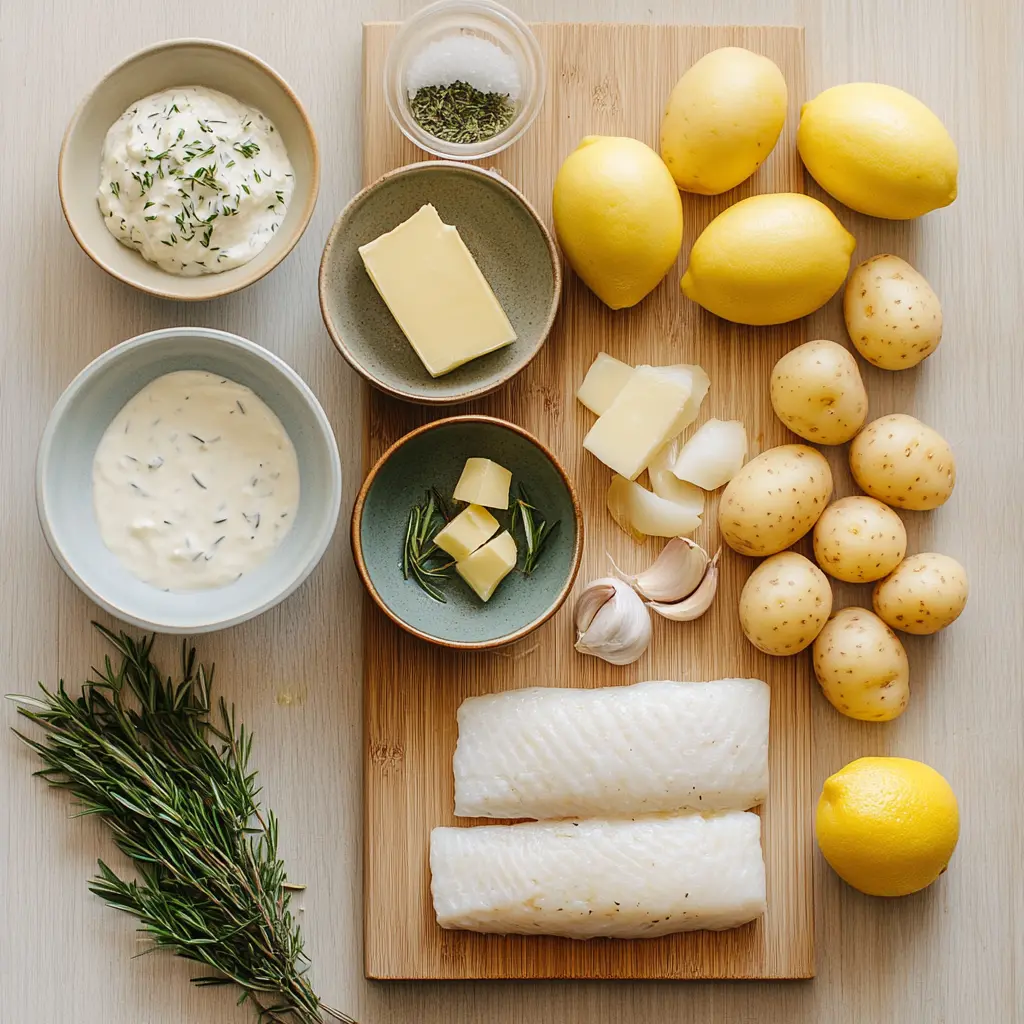 Ingredients for COD POTATOES IN ROSEMARY CREAM SAUCE including cod fillets, baby potatoes, cream, rosemary, and garlic