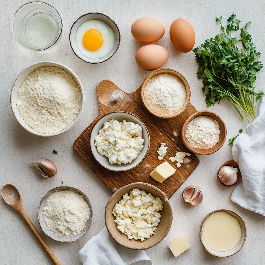 Ingredients for cottage cheese garlic naan including cottage cheese, flours, and fresh garlic laid out on a white surface