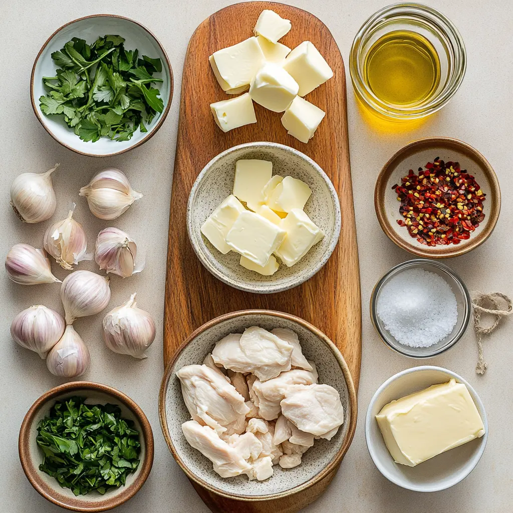 Cream Cheese Chicken ingredients including chicken breasts, cream cheese, spices, garlic, onion, and broth arranged on a kitchen counter in warm natural light close-up