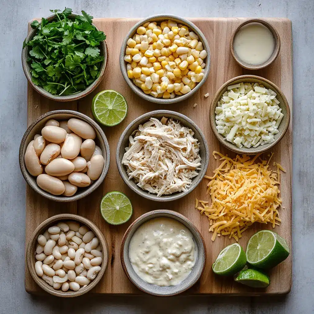 Flat lay of ingredients for the creamiest white chicken chili including shredded chicken, beans, green chiles, cream cheese, spices
