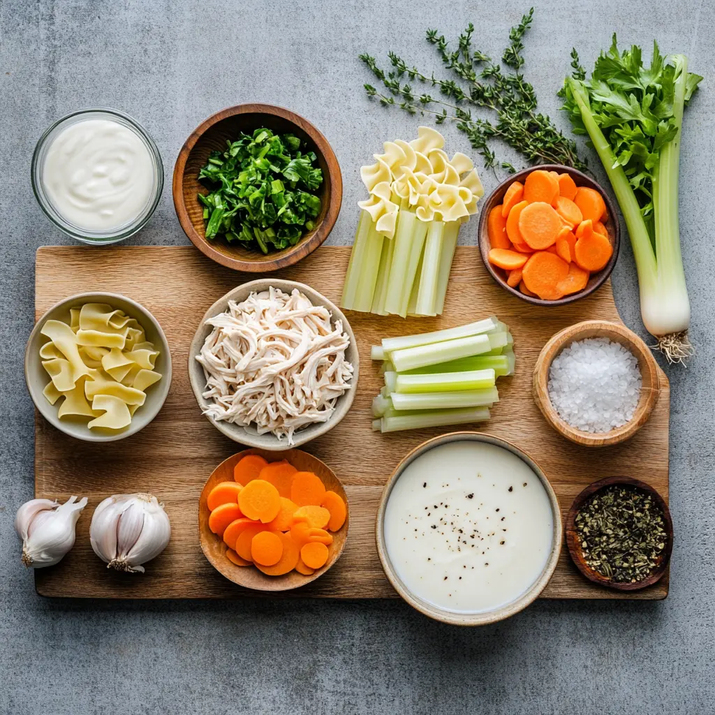 Flat lay of ingredients for creamy chicken noodle soup including chicken breasts, egg noodles, carrots, celery, onion, cream, and broth