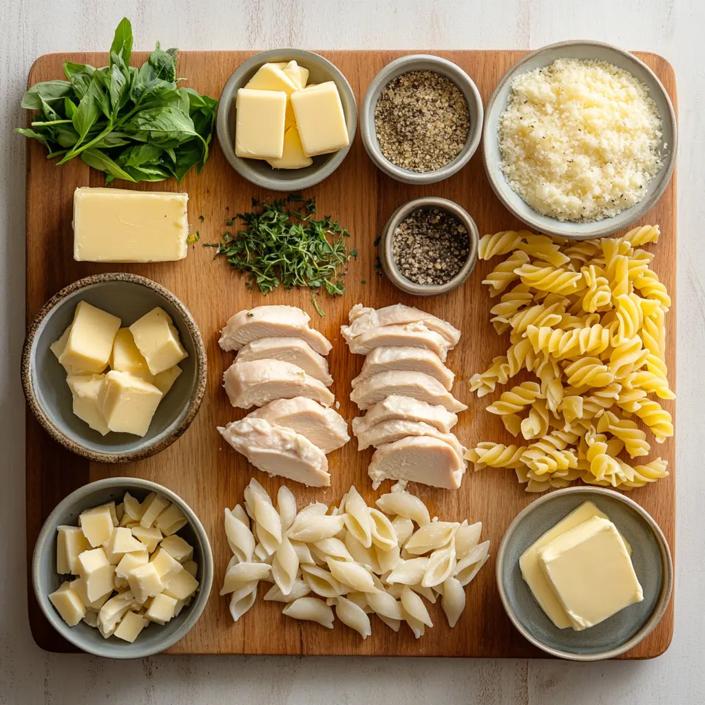Creamy Garlic Parmesan Chicken for Irresistible Dinner 2 Overhead shot of ingredients for creamy garlic parmesan chicken with cheesy twisted pasta including chicken, rotini, parmesan, garlic, and cream