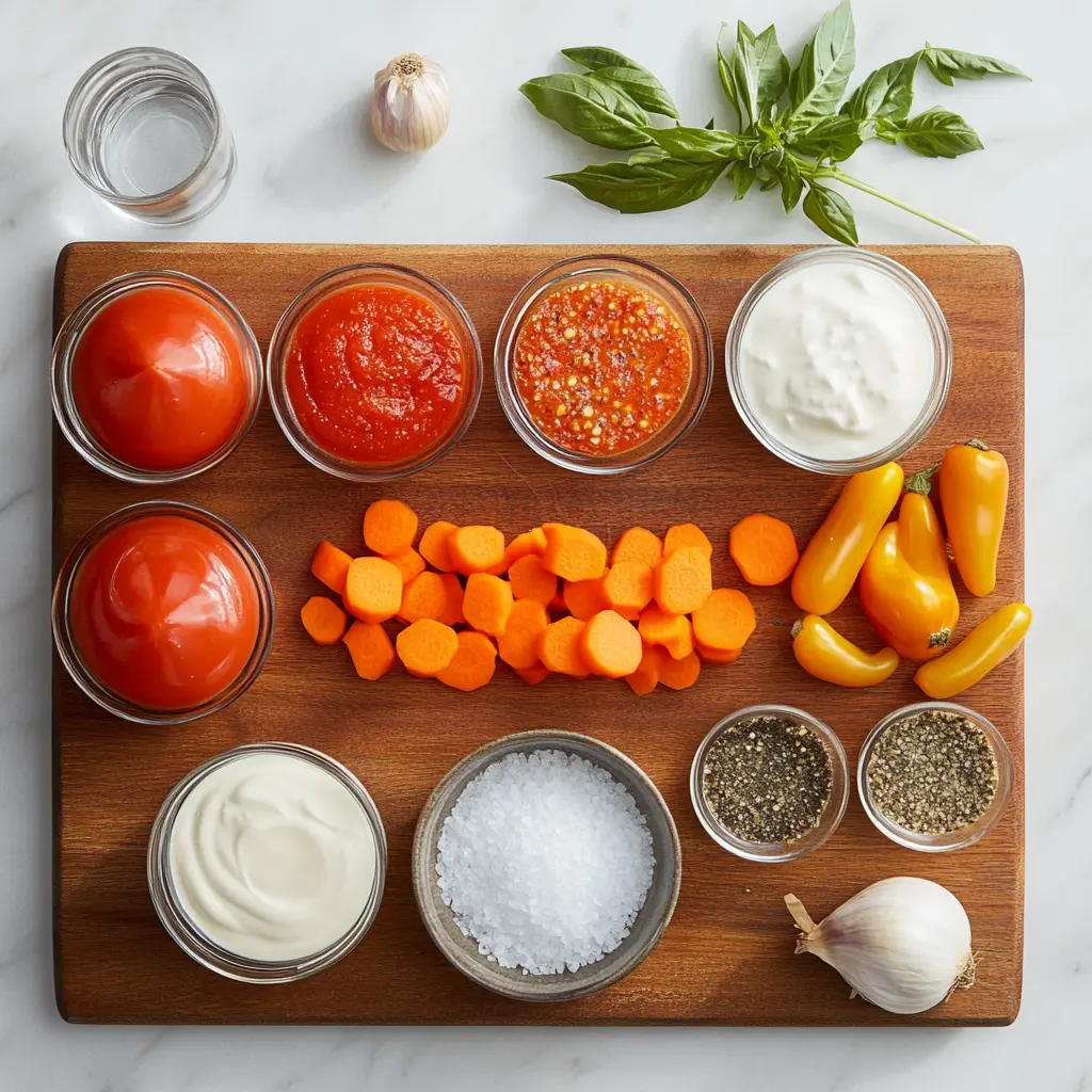 Ingredients for creamy tomato soup including fresh basil, canned crushed tomatoes, carrots, onion, and heavy cream arranged on a rustic kitchen counter