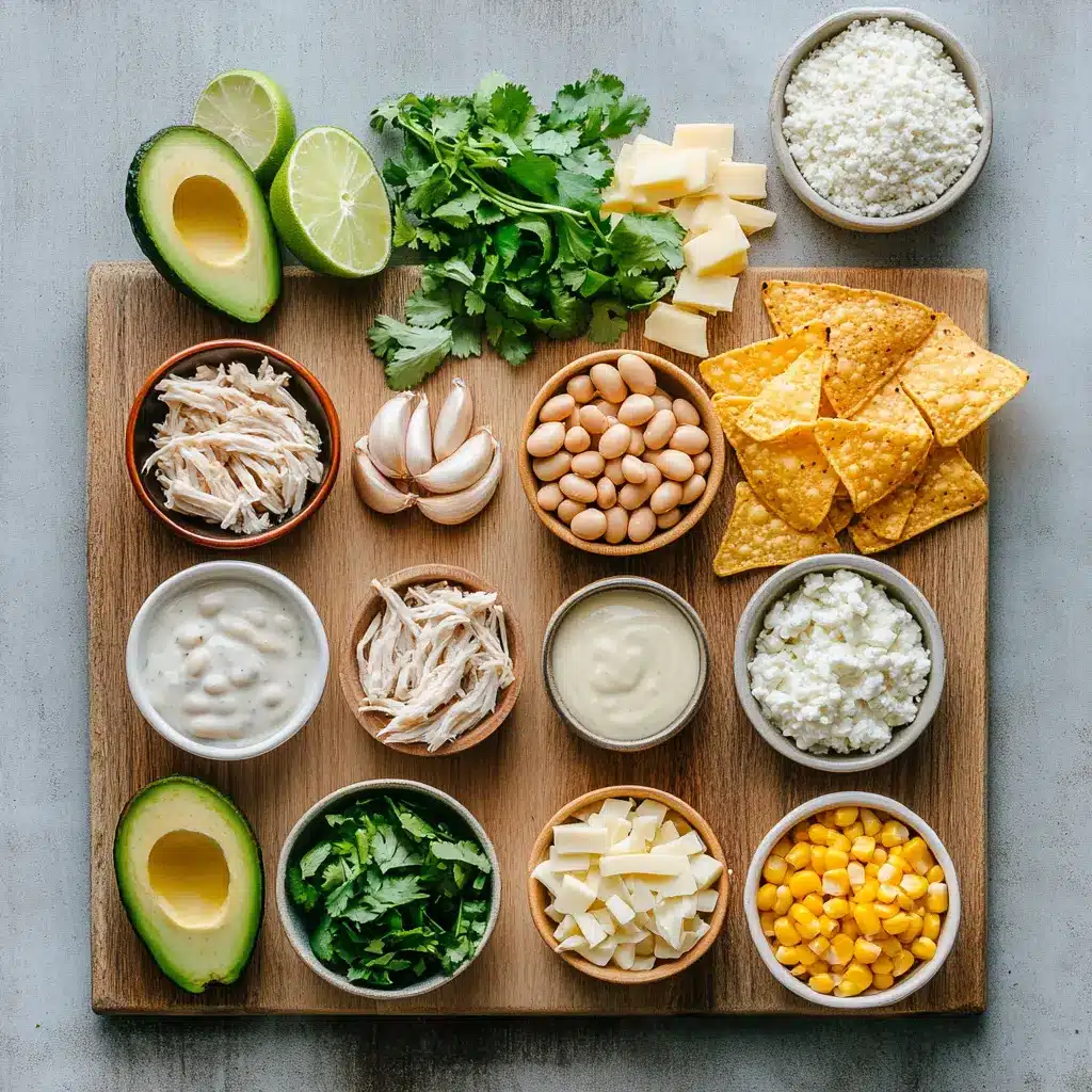 Flat lay of creamy white chicken chili ingredients: shredded chicken, white beans, green chiles, cream cheese, Greek yogurt, spices