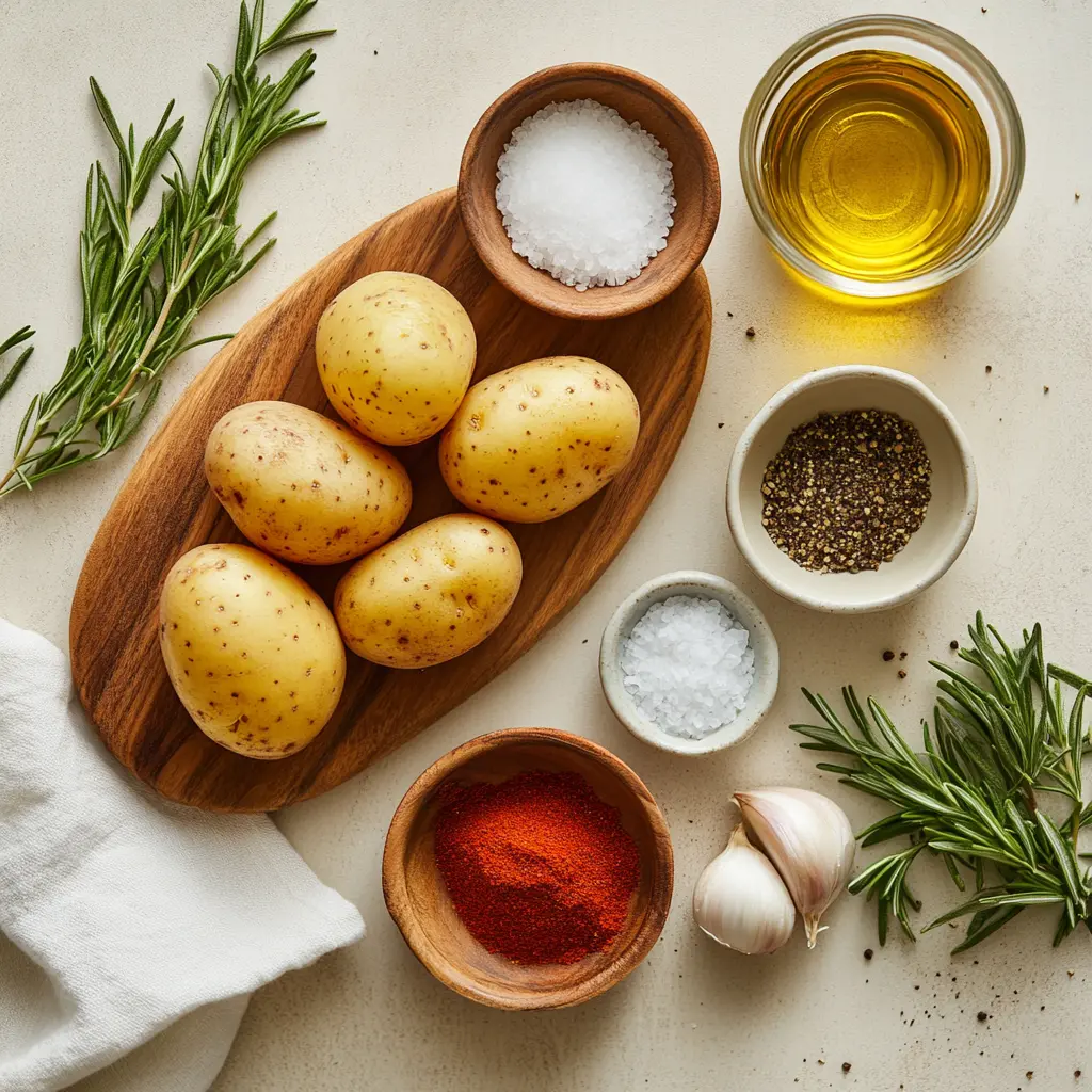 Ingredients for crispy air fryer breakfast potatoes including russet potatoes, paprika, rosemary, and fresh parsley