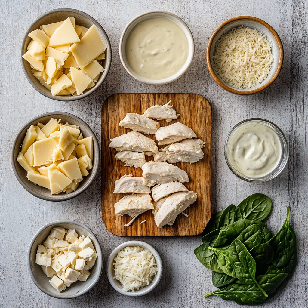 Key ingredients arranged for crispy air fryer chicken mozzarella wraps including tortillas, mozzarella, chicken, and spinach