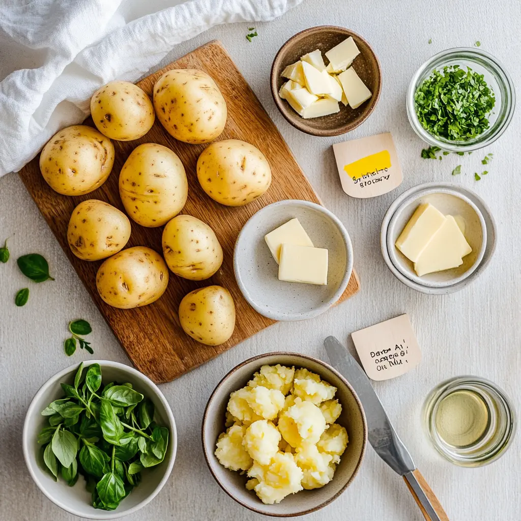 Ingredients for crispy air fryer smashed potatoes including baby gold potatoes, butter, olive oil, and seasonings on kitchen counter
