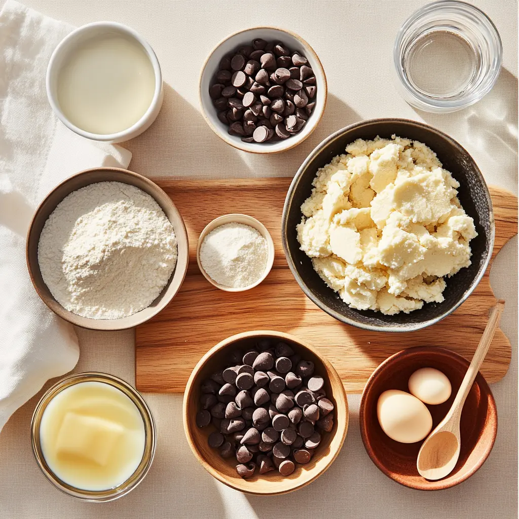 Chocolate chip cookie ingredients laid out on counter - including brown sugar, butter, flour, vanilla, eggs, and chocolate chips