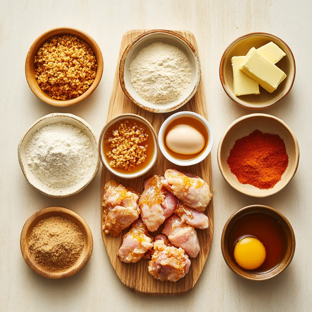 Crispy Baked Hot Honey Chicken Recipe You Must Try 1 Ingredients for crispy baked hot honey chicken laid out on a white countertop including cornflakes, chicken, eggs, spices, honey