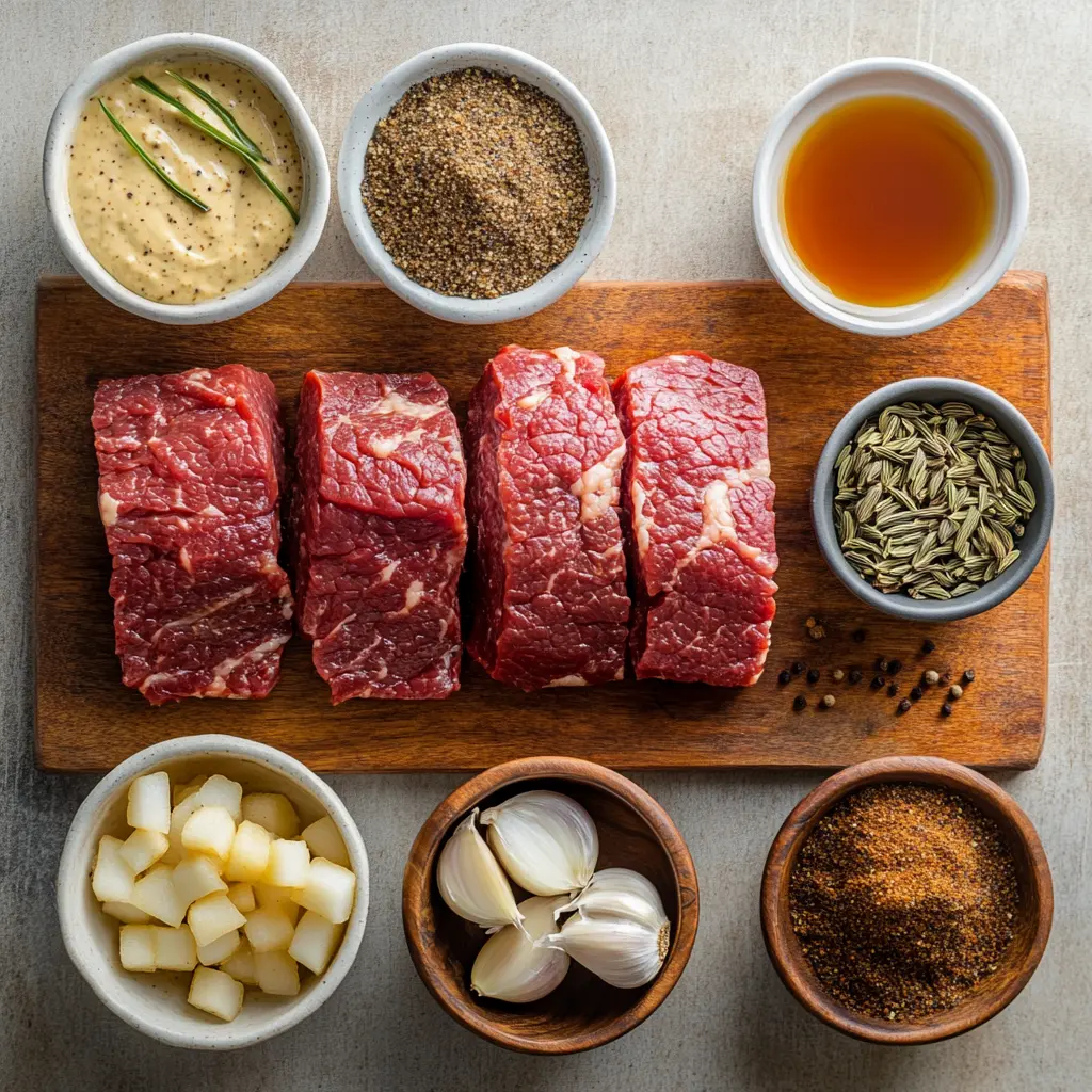 Overhead image of crispy corned beef with ingredients displayed on rustic countertop