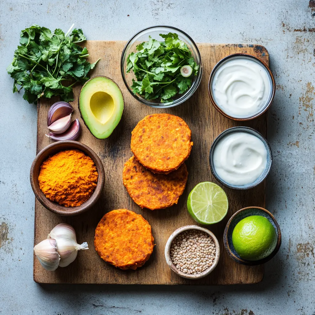 Flat lay of ingredients for crispy sweet potato and red lentil patties including sweet potato, red lentils, avocado, cilantro, and spices