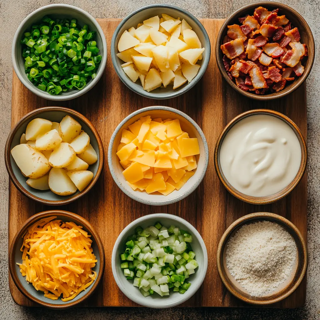 Crock Pot Crack Potato Soup Easy Delicious Recipe 2 Overhead view of crock pot crack potato soup ingredients including frozen hash browns, bacon, cheddar, broth, and ranch seasoning