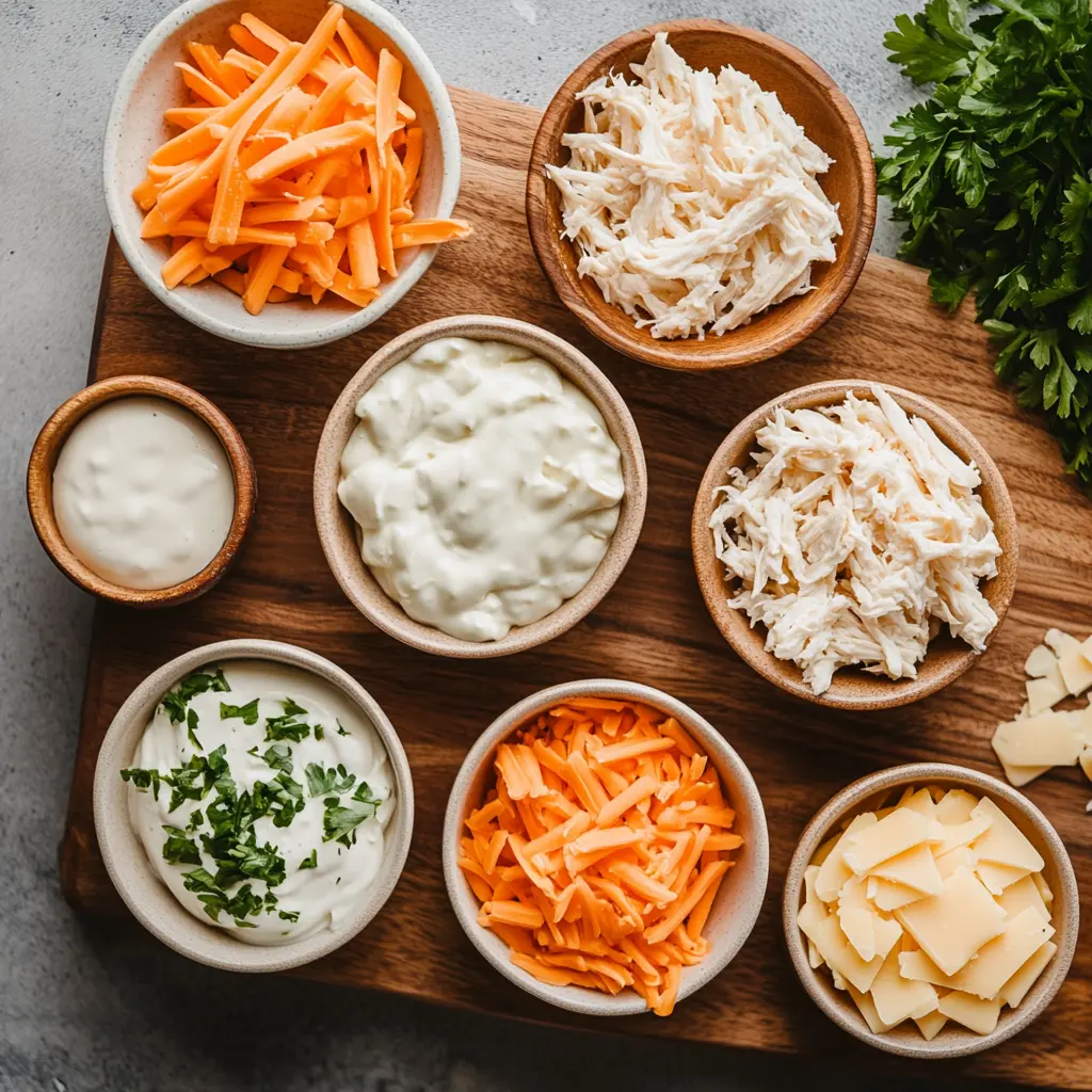 Crockpot Buffalo Chicken Dip Recipe: Easy and Irresistible 2 Crockpot Buffalo Chicken Dip ingredients laid out on a clean kitchen counter, including canned chicken, cream cheese, shredded cheddar, ranch dressing, and Buffalo hot sauce