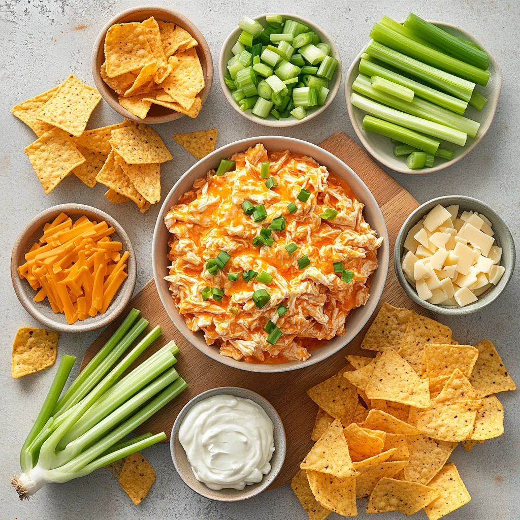 Crockpot Creamy Buffalo Chicken Dip Recipe That Is Irresistible 2 Flat lay of ingredients for Crockpot Creamy Buffalo Chicken Dip including shredded chicken, cream cheese, cheddar, buffalo sauce, and ranch