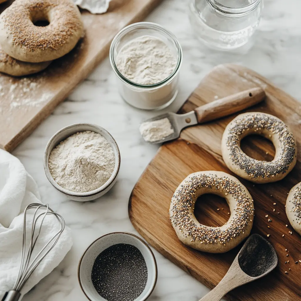 Die besten Protein Bagel: Easy and Delicious Ideas 2 Protein bagel ingredients on napkin: spelt flour, quark, sesame seeds, poppy seeds, egg, formed bagel rings