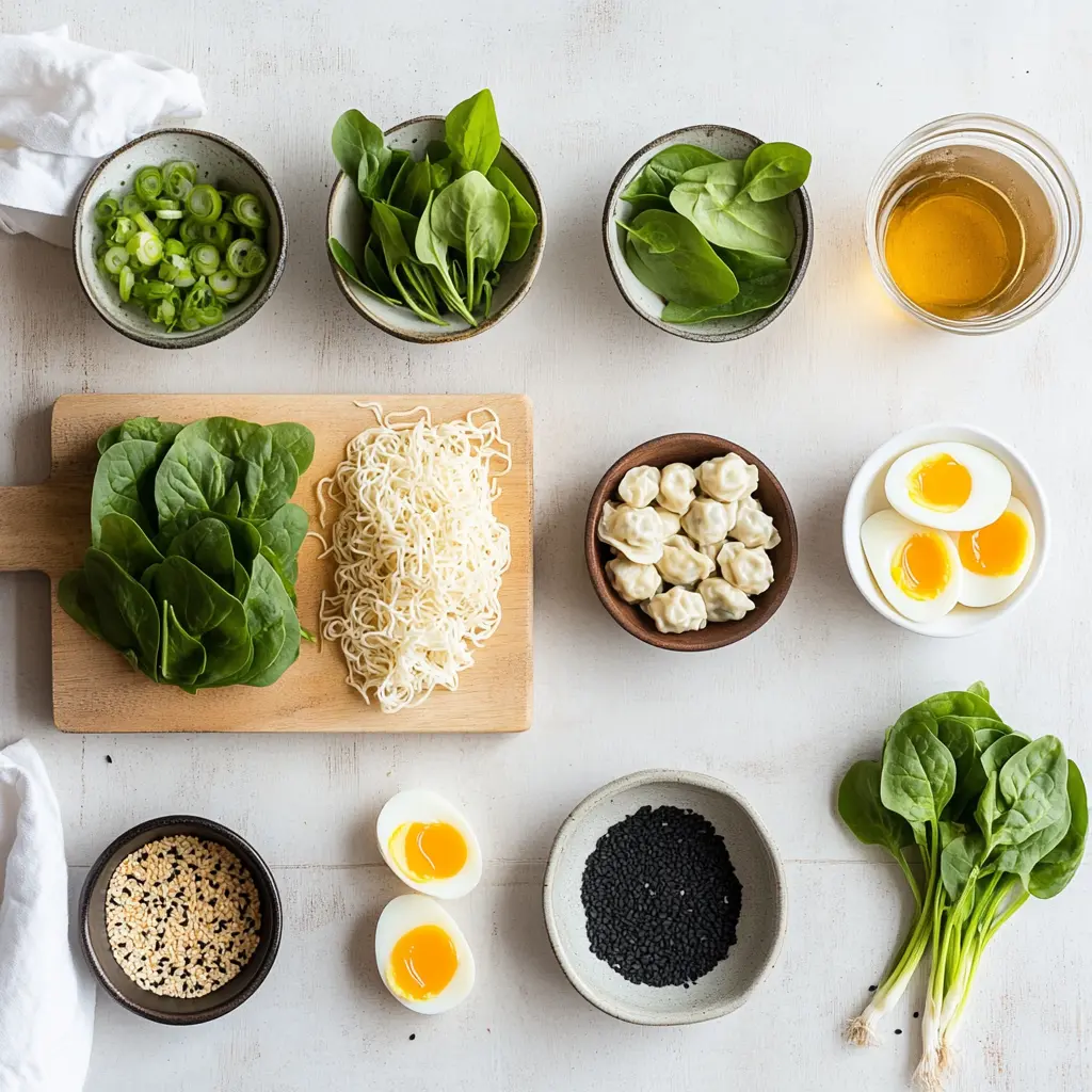 Ingredients for Dumpling Ramen Bowl: frozen dumplings, ramen noodles, soft-boiled eggs, spinach, green onions, black sesame seeds