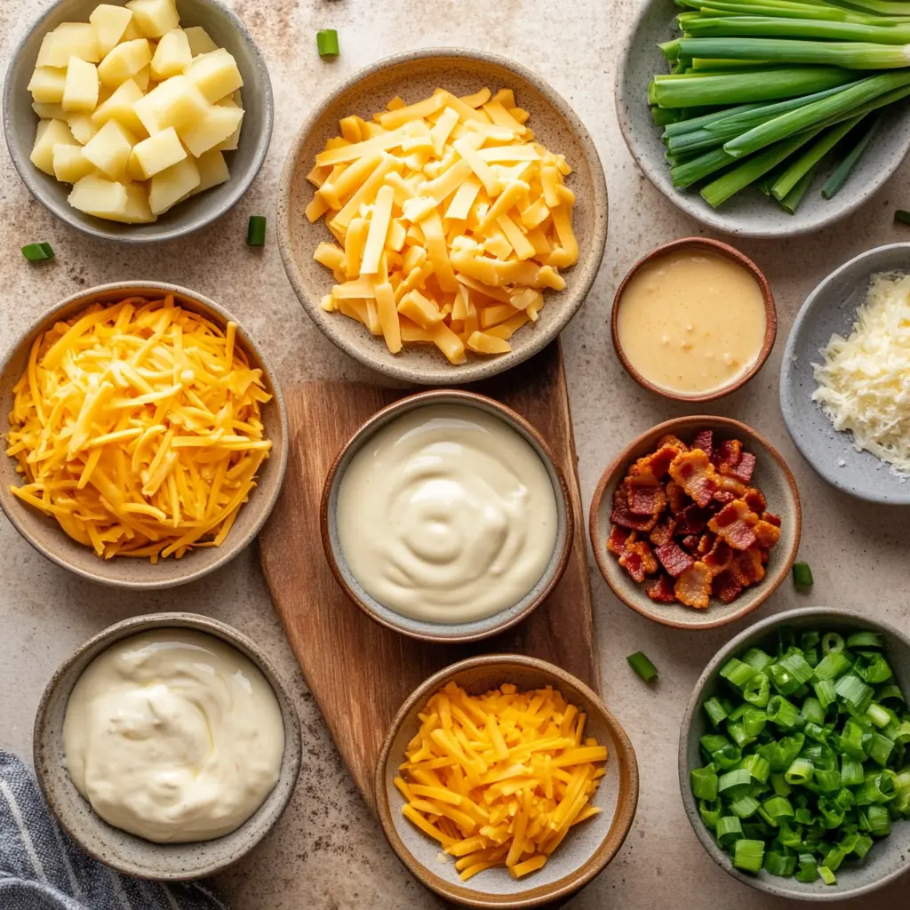 Ingredients for Easy 4 Ingredient Potato Soup Recipe including Yukon Gold potatoes, Velveeta cheese, cream of chicken soup, and heavy cream on clean white background