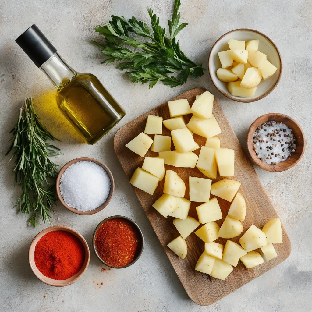 Ingredients for easy air fryer diced potatoes including herbs, golden crispy potatoes, olive oil and water