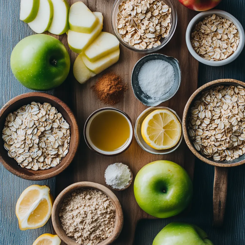 Apple crisp ingredients setup featuring apples, oats, brown sugar, butter, and cinnamon for an easy apple crisp recipe