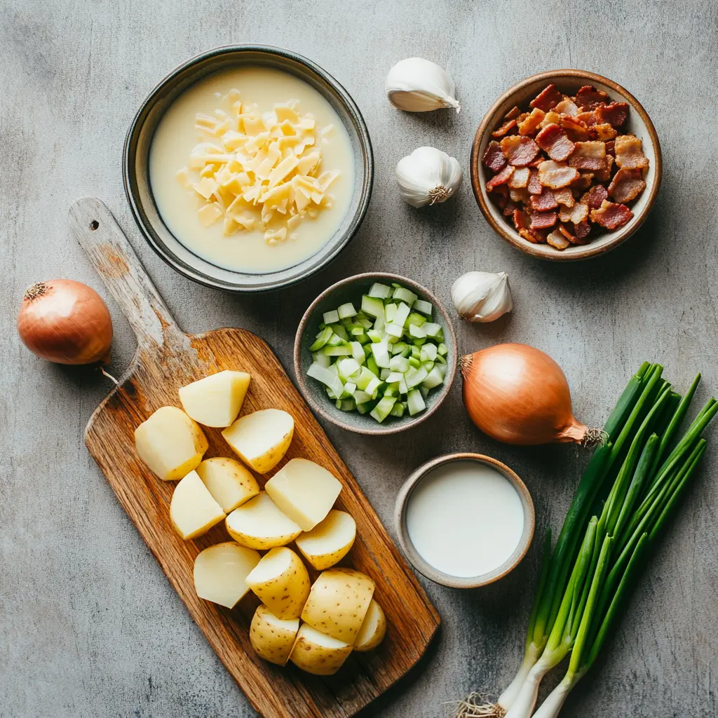 Easy Baked Potato Soup: Delicious Quick Recipe 2 Ingredients laid out for Easy Baked Potato Soup including russet potatoes, crispy bacon, shredded cheese, sour cream, onion, and chicken broth