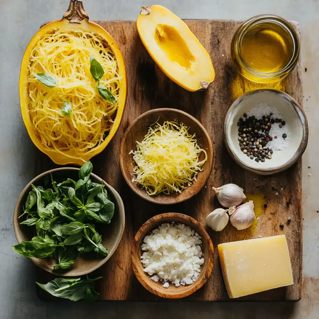 Easy Baked Spaghetti Squash: Delicious & Quick Recipe 2 Ingredients for easy baked spaghetti squash including raw squash, olive oil, garlic, salt and pepper arranged on countertop