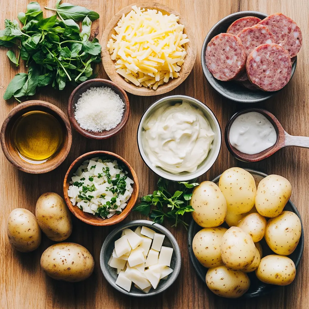 Ingredients for Easy Cheesy Ranch Potatoes and Smoked Sausage including baby potatoes, shredded cheddar, smoked sausage, and ranch seasoning