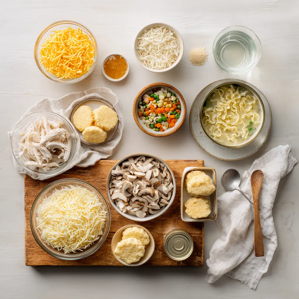 Ingredients for easy chicken pot pie casserole including canned soup, chicken, frozen veggies, noodles, spices, cheese, and sour cream