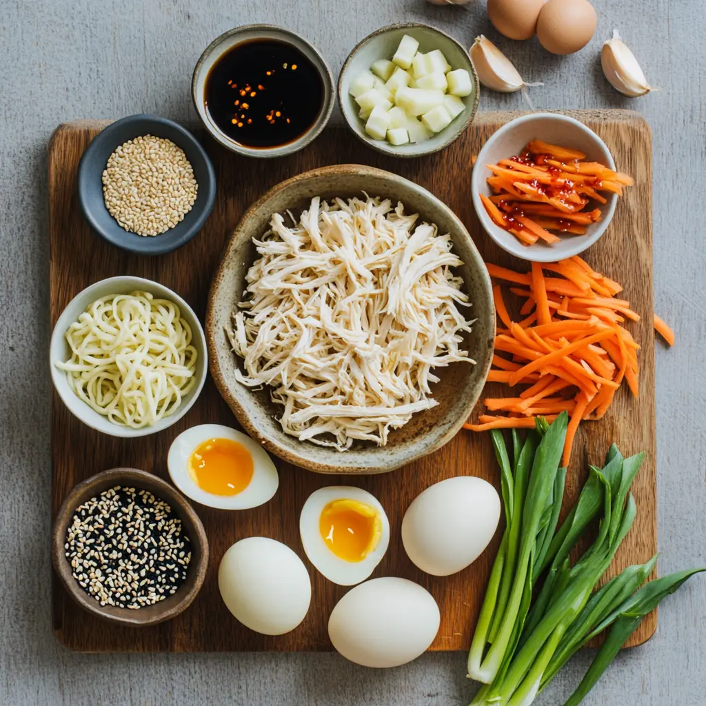 Top-down view of Easy Chicken Ramen with shredded chicken, halved soft-boiled eggs, chopped scallions, and sesame seeds in a bowl