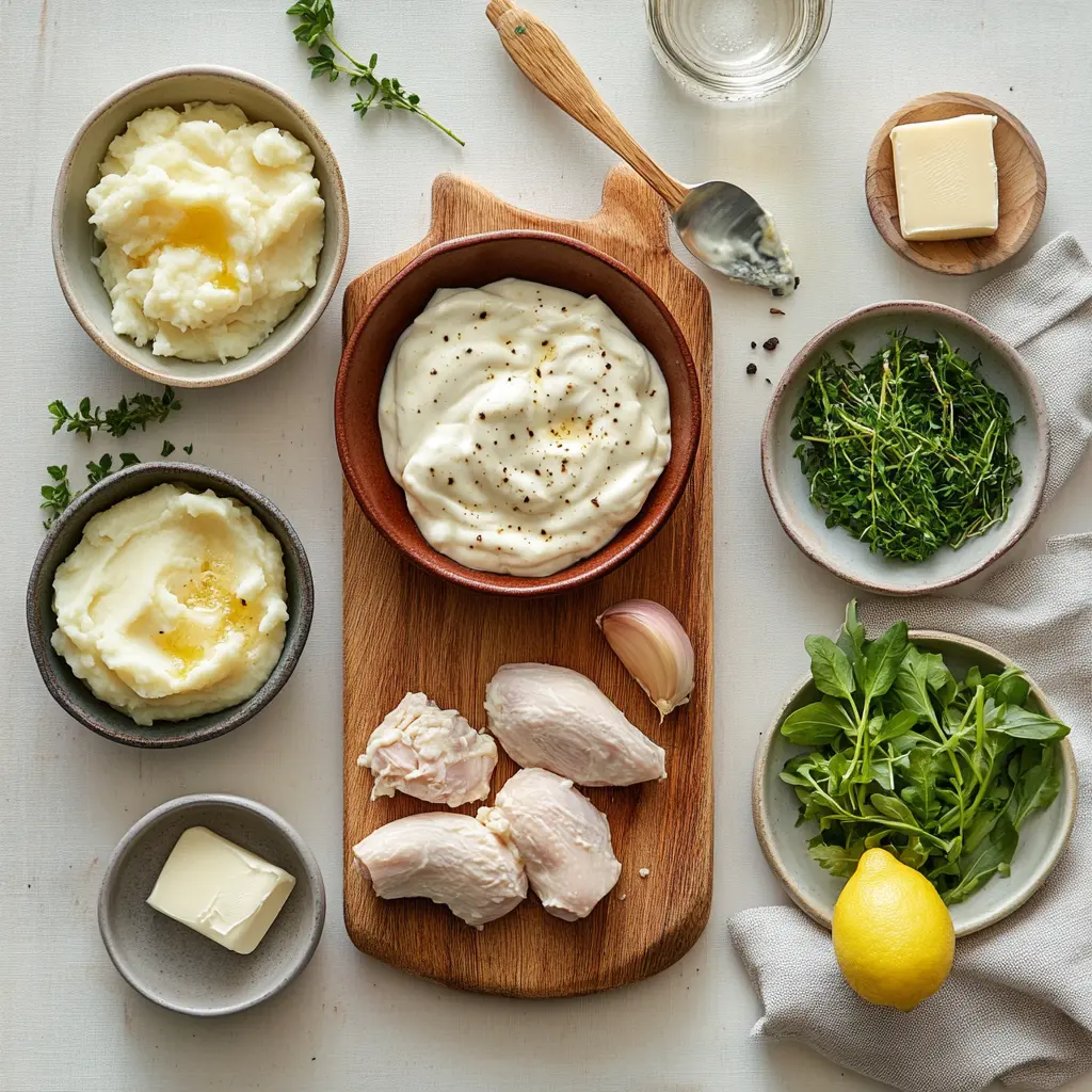 Creamy Garlic Chicken served with mashed potatoes, lemon wedge, and sautéed greens on a dinner plate