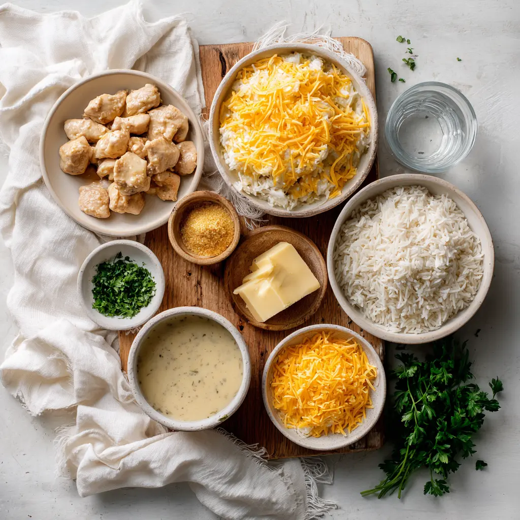 Ingredients for easy creamy smothered chicken and rice including chicken breasts, rice, cheese, milk, herbs, and broth laid out on a counter