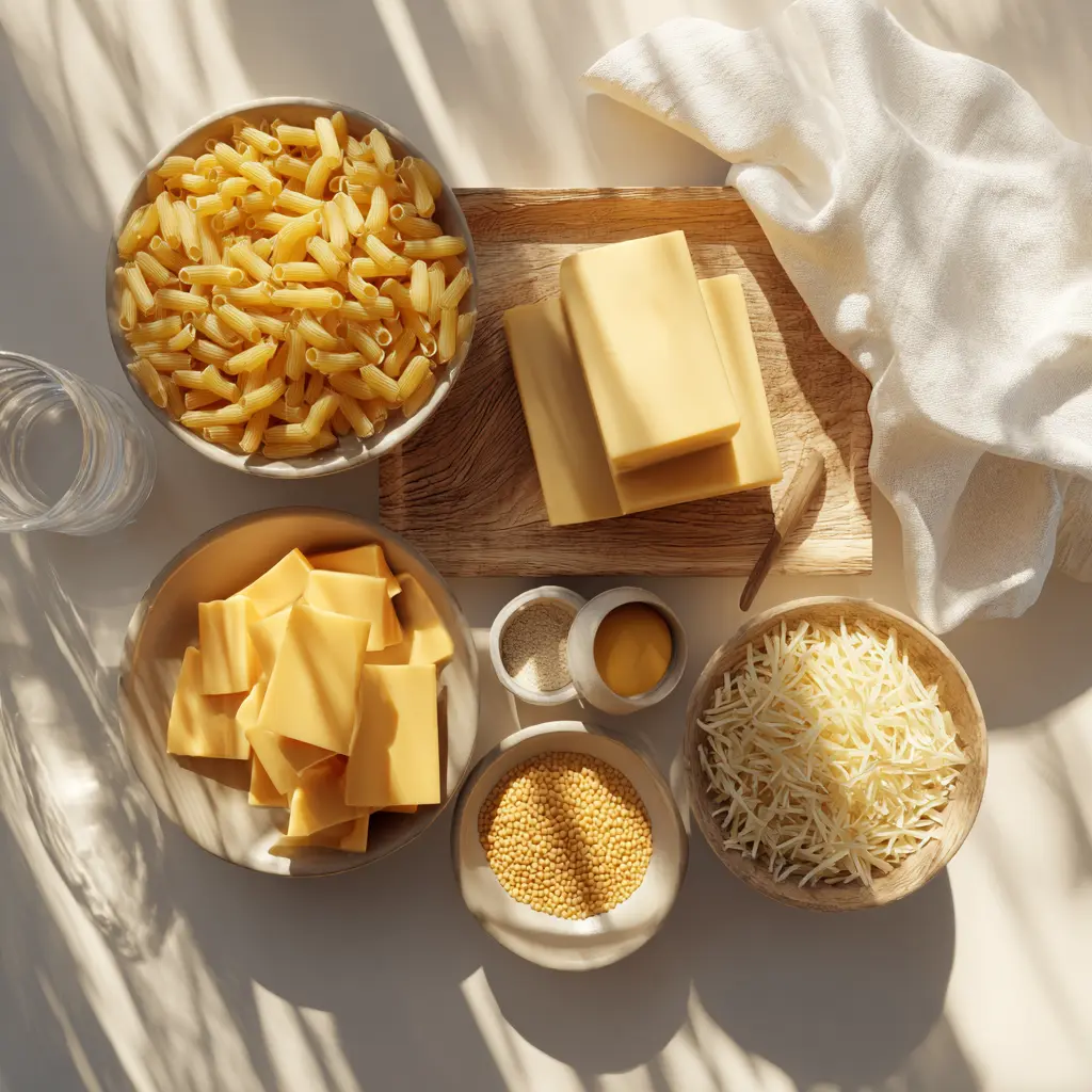Ingredients for creamy cavatappi easy mac and cheese recipe with cheddar, cream, and pasta laid out