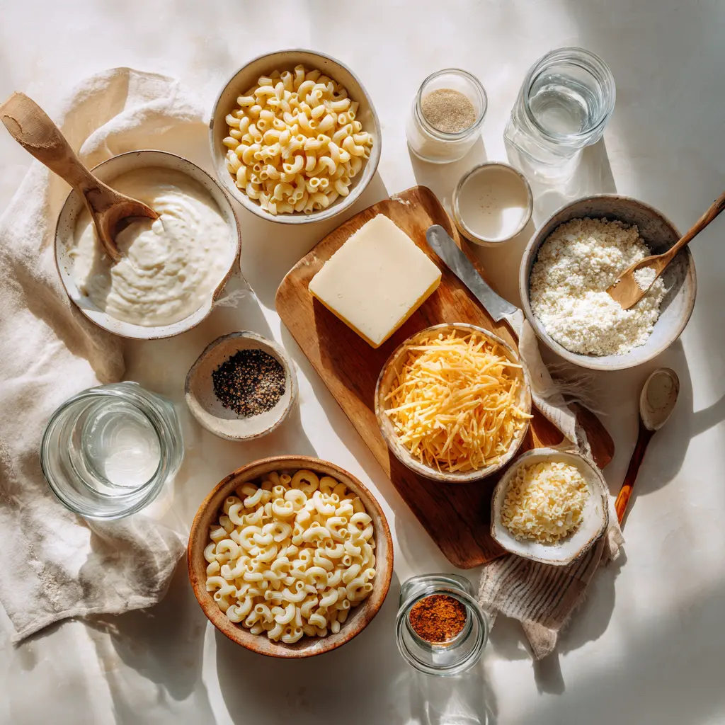 Ingredients for Extra Creamy Classic Mac and Cheese including macaroni, shredded cheddar, Monterey Jack, and heavy cream laid out on a wooden table