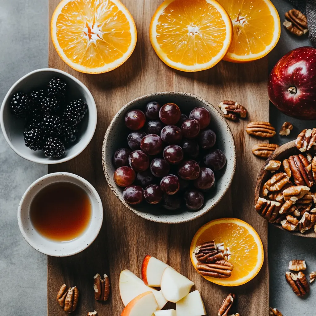 Ingredients for fall fruit salad arranged on a rustic wooden board