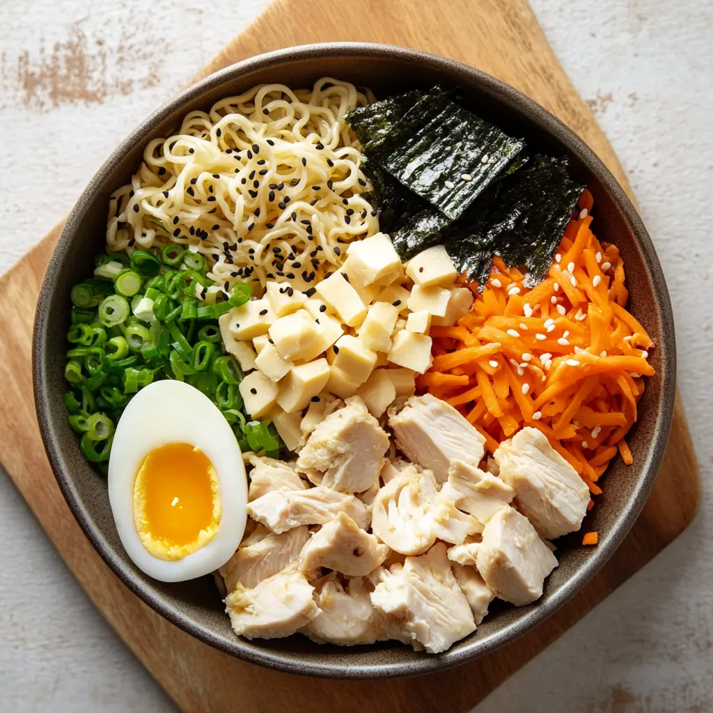 Spicy chicken ramen ingredients including chicken, noodles, green onions, garlic, eggs, and nori strips