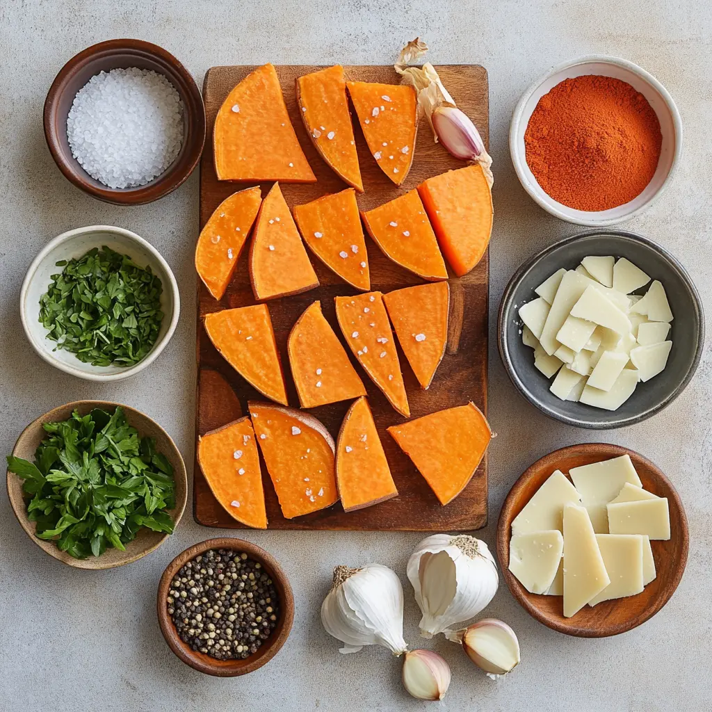 Overhead view of ingredients for garlic parmesan sweet potato wedges, including raw sweet potatoes, spices, fresh garlic, and shredded Parmesan on a kitchen counter