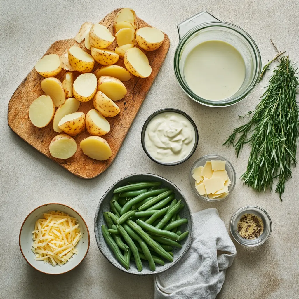 Ingredients for green bean and potato casserole including canned diced potatoes, green beans, shredded Colby cheese, and cream of chicken soup