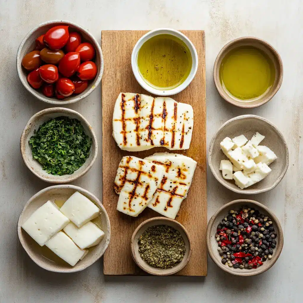 Grilled Halloumi Cheese: Easy and Irresistible Recipe 2 Flat lay of ingredients for grilled halloumi cheese including block of halloumi, olive oil, lemon, and optional herbs