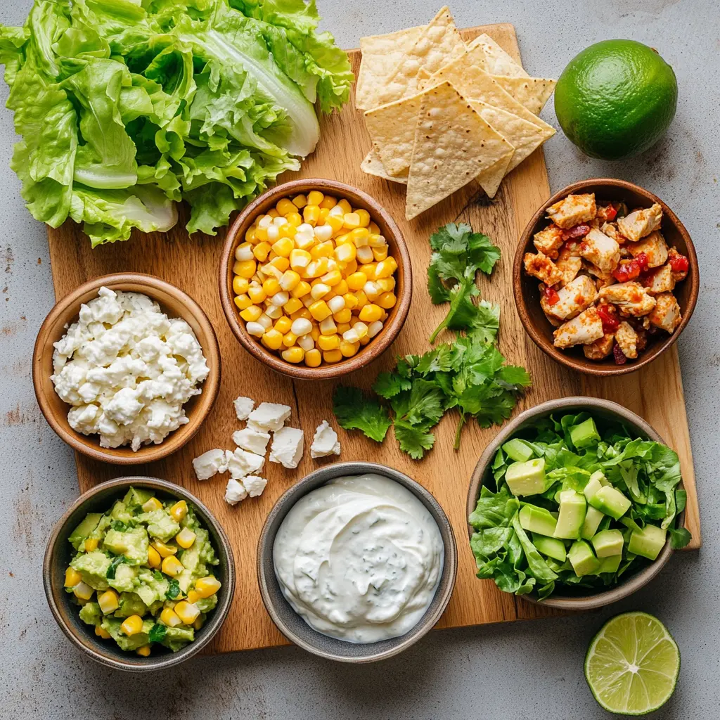 Bowl of Healthy Chicken Taco Bowls with grilled chicken, avocado, and colorful toppings on a wooden table