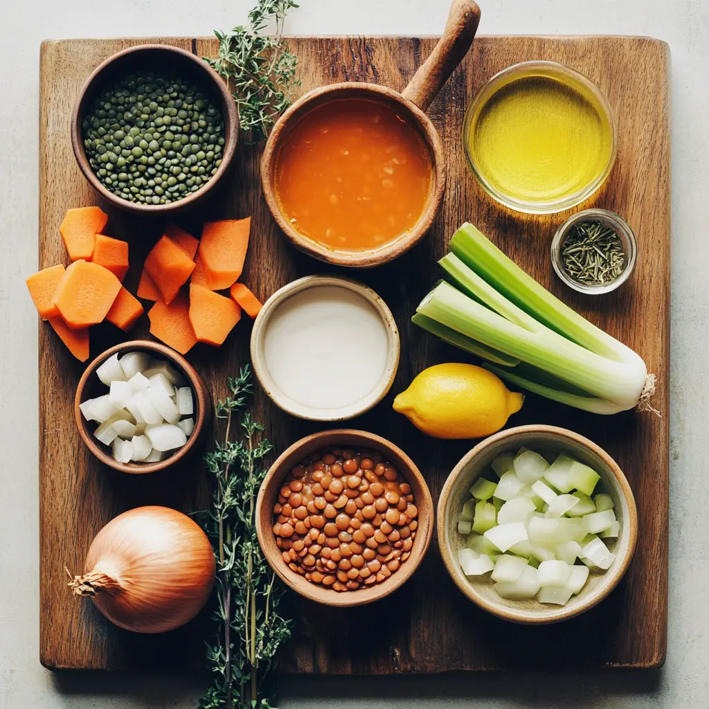 Ingredients for hearty lentil soup including carrots, lentils, celery, tomato paste, fresh herbs and garlic