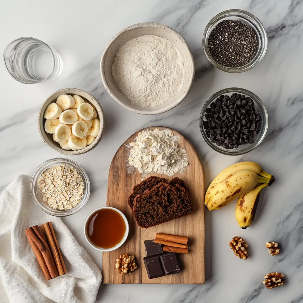 Ingredients for High Protein Banana Bread including ripe bananas, oat flour, protein powder, and Greek yogurt on wooden surface
