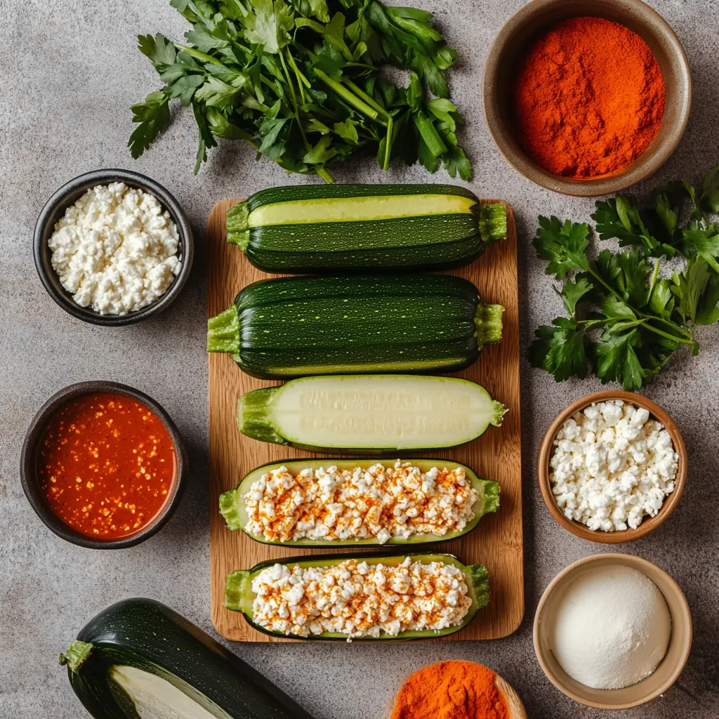 Ingredients for High Protein Buffalo Chicken Stuffed Zucchini Boats neatly arranged on countertop