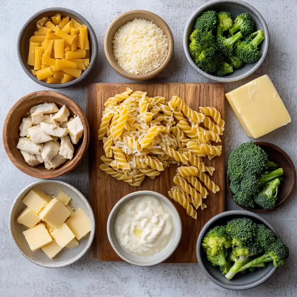 Ingredients for high protein chicken alfredo recipe including chickpea pasta, mozzarella, broccoli, cooked chicken, and jarred Alfredo sauce
